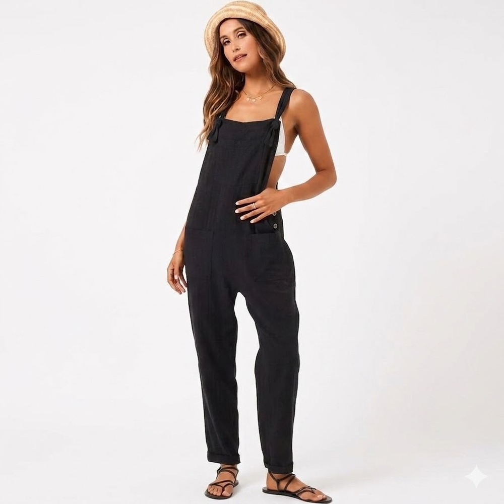 L. Space | Freya Overalls Black Tie‎ Shoulder Jumpsuit Beach Cover-up Size L